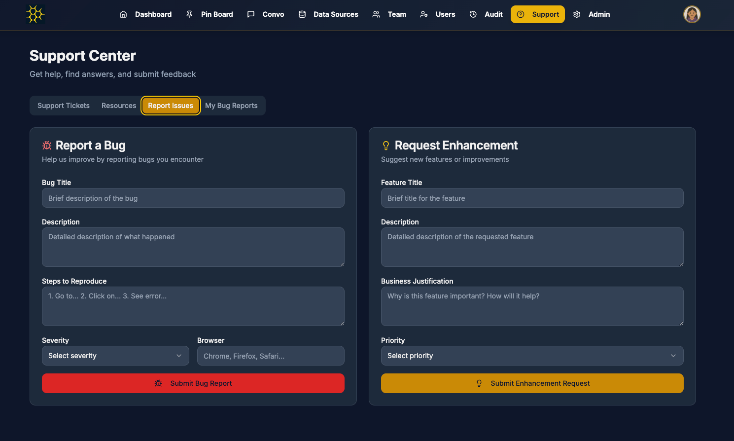 Data Tiles Support Center page for submitting bug reports and feature requests